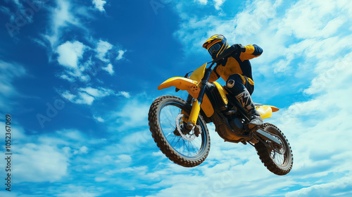 Thrilling motocross jump: yellow dirt bike against blue sky and clouds photo