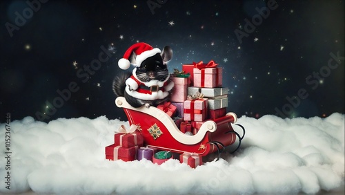 chinchilla in santa claus suit on sleigh photo