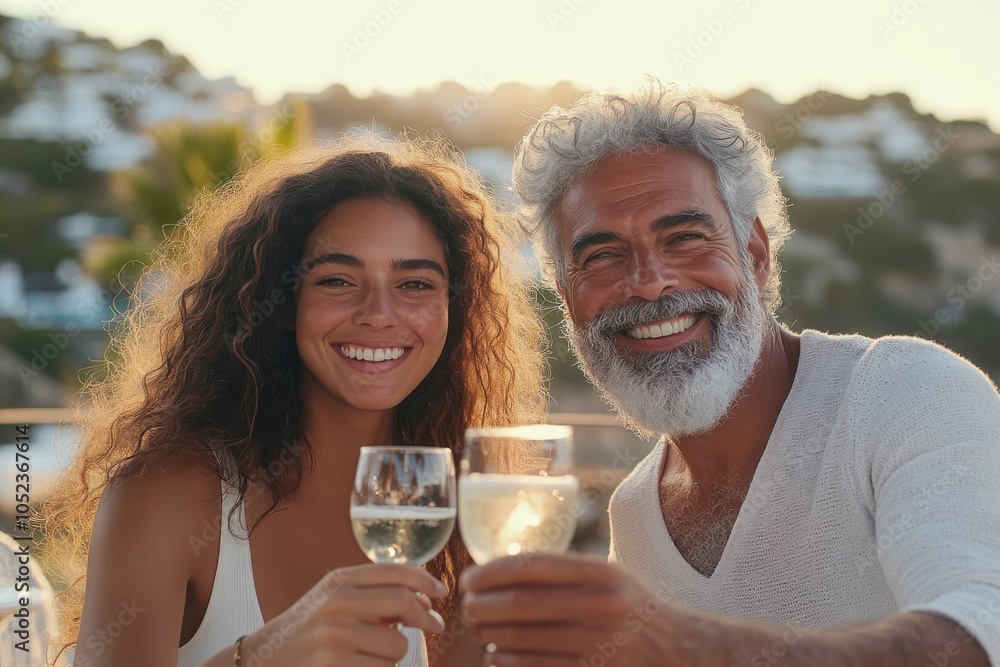 A joyful pair cherish a moment with wine against a scenic outdoor backdrop. Embracing each other's presence, they bask in nature's beauty and warmth in this sunlit scene. A joyful pair cherish a moment with wine against a scenic outdoor backdrop. Embracing each other's presence, they bask in nature's beauty and warmth in this sunlit scene.