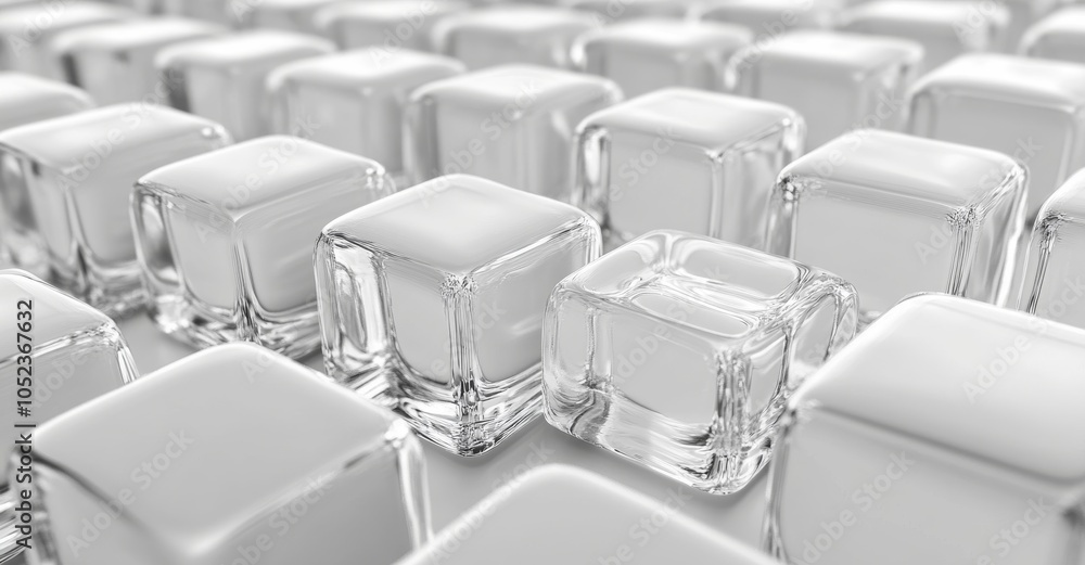 Naklejka premium 3D rendering of white transparent glass cubes on white background, white soft abstract buissness background 