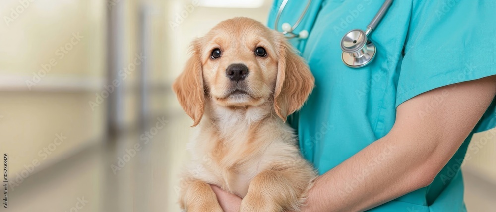 Adorable Golden Cocker Spaniel Puppy Held in Turquoise Blue, Calm Veterinary Clinic Setting Adorable Golden Cocker Spaniel Puppy Held in Turquoise Blue, Calm Veterinary Clinic Setting
