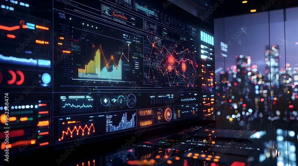 Fototapeta premium Smart Grid Dashboard Visualizing Energy Data and Trends in a City Command Center