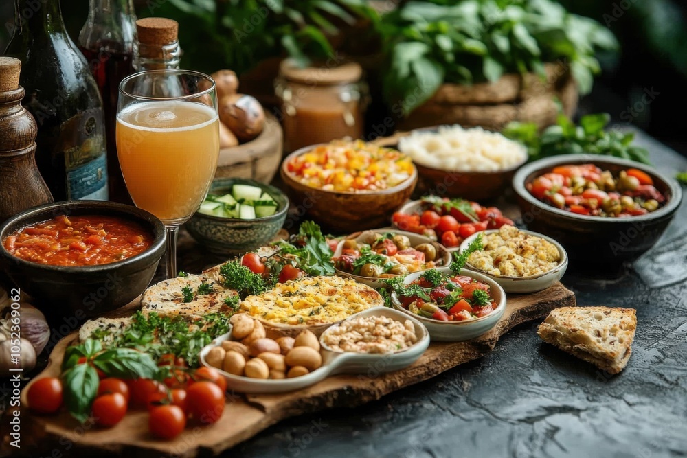 Many bowls of food on a table with bread Many bowls of food on a table with bread