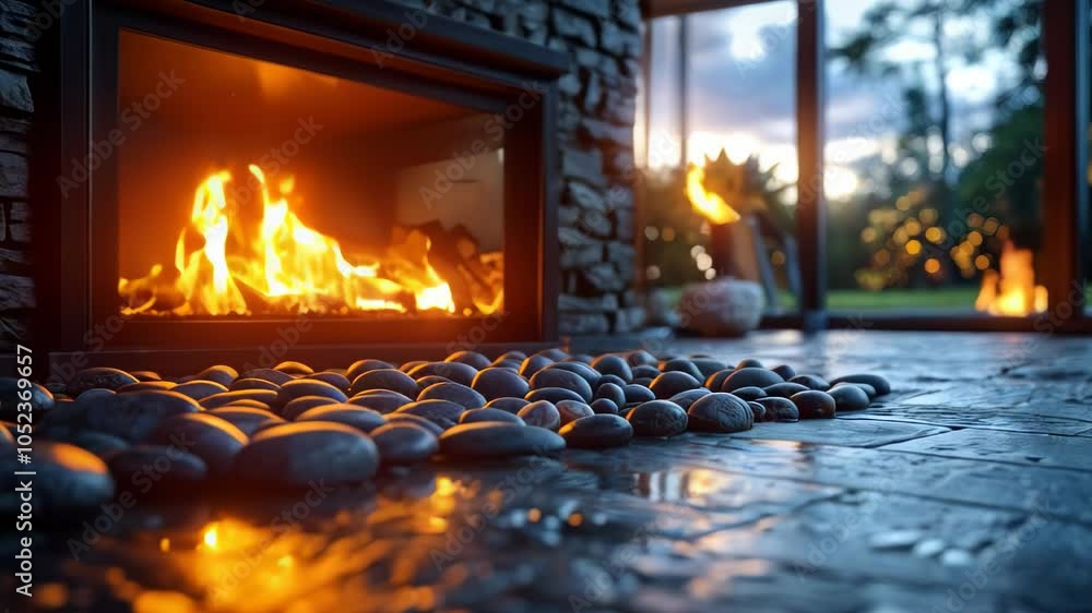 Warm flames dance in a cozy fireplace surrounded by smooth stones in a tranquil evening setting Warm flames dance in a cozy fireplace surrounded by smooth stones in a tranquil evening setting