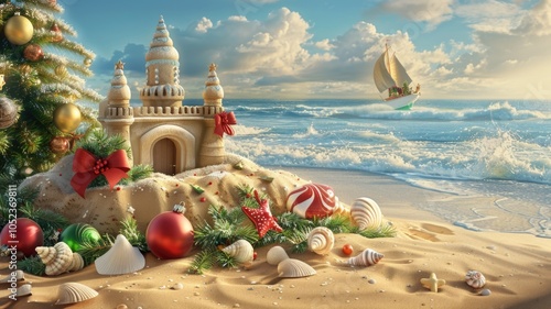 Christmas sandcastle on tropical beach with sailing boat in ocean breeze