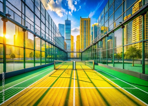 Elevated Platform Tennis and Paddle Ball Courts with Vibrant Yellow Lines and Green Surface for Urban Exploration photo