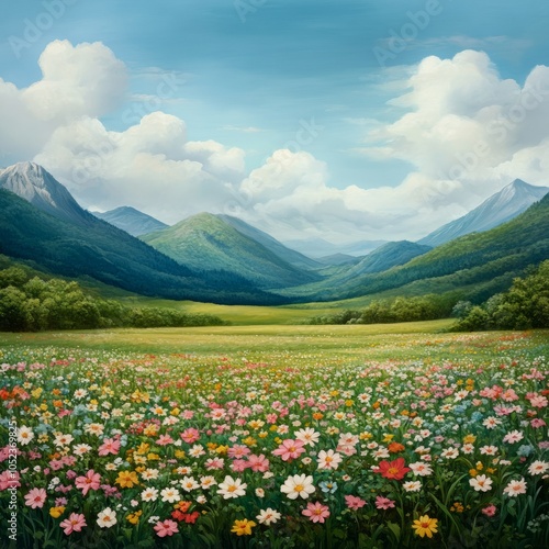 A serene landscape with mountains and a vibrant flower field under a blue sky.