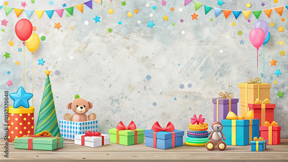 Vector minimalist illustration for happy birthday greeting card with free copy space, gifts, kids toys, party invitation card, website banner, social media banner Vector minimalist illustration for happy birthday greeting card with free copy space, gifts, kids toys, party invitation card, website banner, social media banner