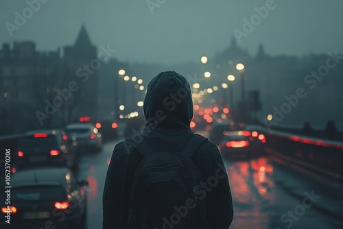 Man standing on a bridge looking at traffic