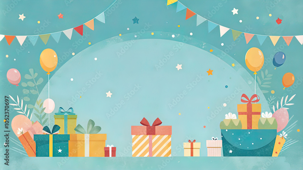 Vector minimalist illustration for happy birthday greeting card with free copy space, gifts, kids toys, party invitation card, website banner, social media banner Vector minimalist illustration for happy birthday greeting card with free copy space, gifts, kids toys, party invitation card, website banner, social media banner