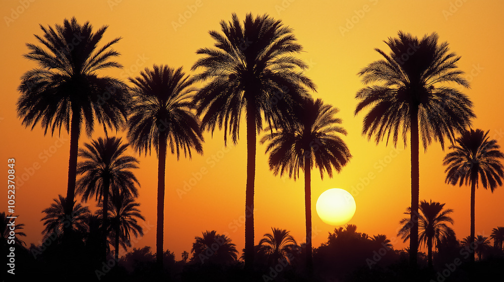 Fototapeta premium Serene sunset silhouette of palm trees against an orange sky