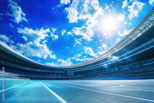 Vibrant Athletic Stadium Under a Bright Blue Sky