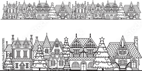 Hand drawn doodle repeatable Christmas in town in Europe, UK for bottom border decoration and so on. Vector Illustration.