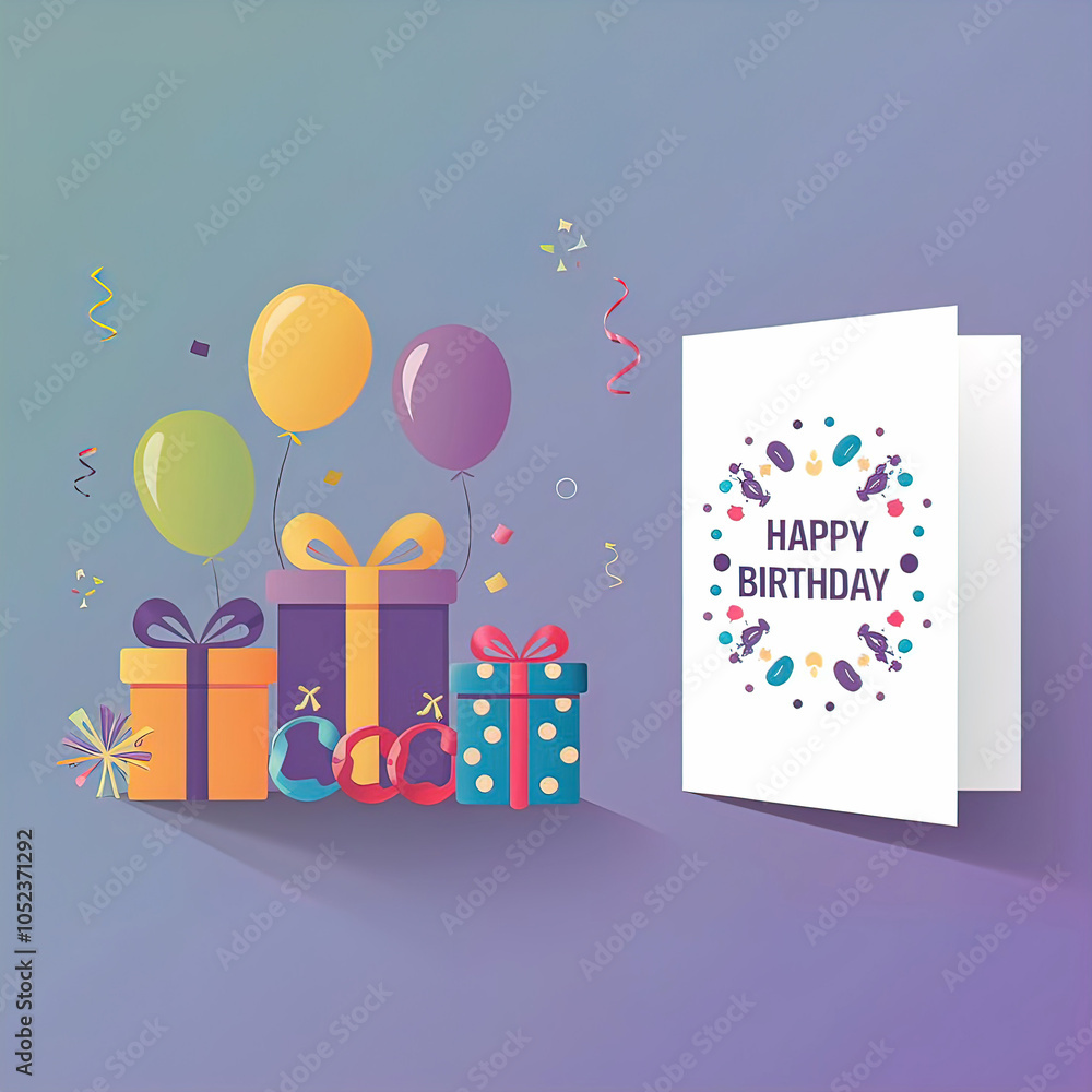 Fototapeta premium Vector minimalist illustration for happy birthday greeting card with free copy space, gifts, kids toys, party invitation card, website banner, social media banner