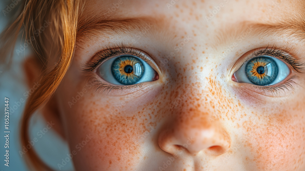 Close-up of bright blue eyes and freckles on young face Close-up of bright blue eyes and freckles on young face
