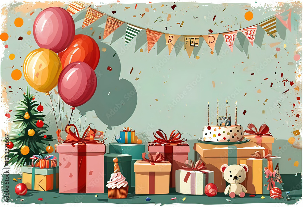 Vector minimalist illustration for happy birthday greeting card with free copy space, gifts, kids toys, party invitation card, website banner, social media banner Vector minimalist illustration for happy birthday greeting card with free copy space, gifts, kids toys, party invitation card, website banner, social media banner