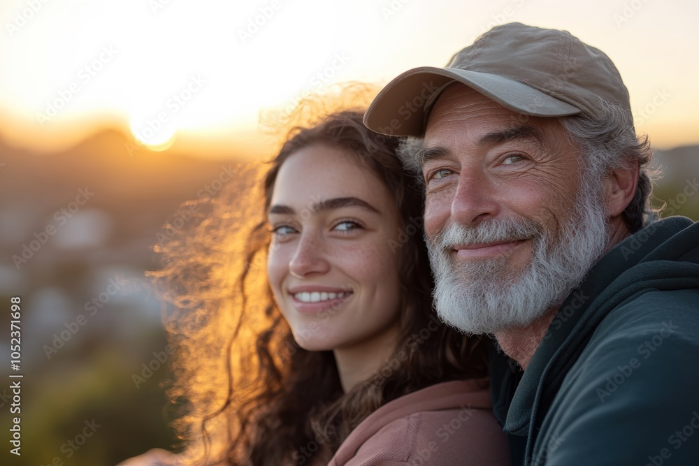 With a vibrant sunset backdrop, an elderly bearded man and a young woman, both in casual attire, illustrate intergenerational bonds and the joy of exploration. With a vibrant sunset backdrop, an elderly bearded man and a young woman, both in casual attire, illustrate intergenerational bonds and the joy of exploration.