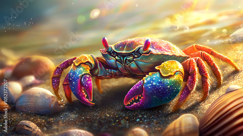 A Playful Rainbow Land Crab Illustrating Its Colorful Shell while Navigating Across the Warm Beach in Sunlight photo