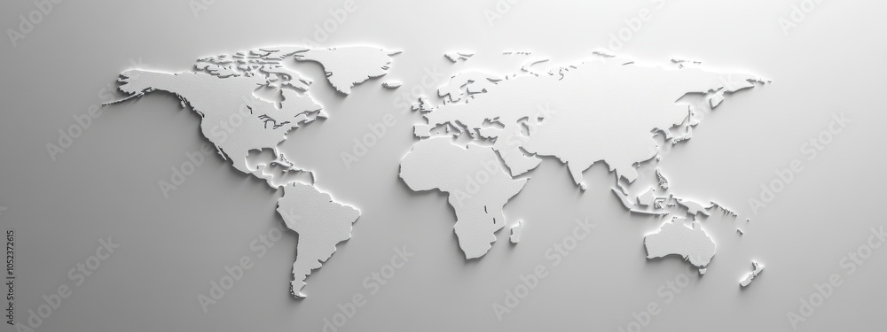 Obraz premium Minimalist World Map, simple white continents outlined on soft gray, elegant design for modern decor or educational use.