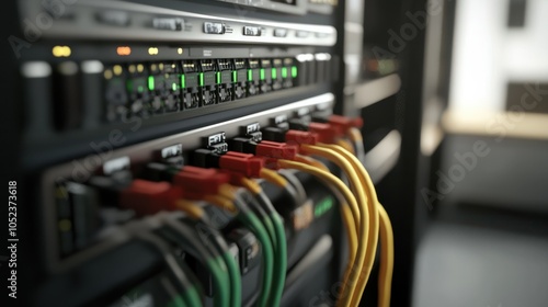 Server rack with internet patch cord cables connected to patch panel in server room photo