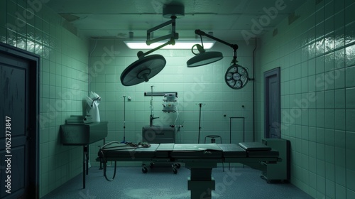 Dark Medical Operating Room with Green Lighting