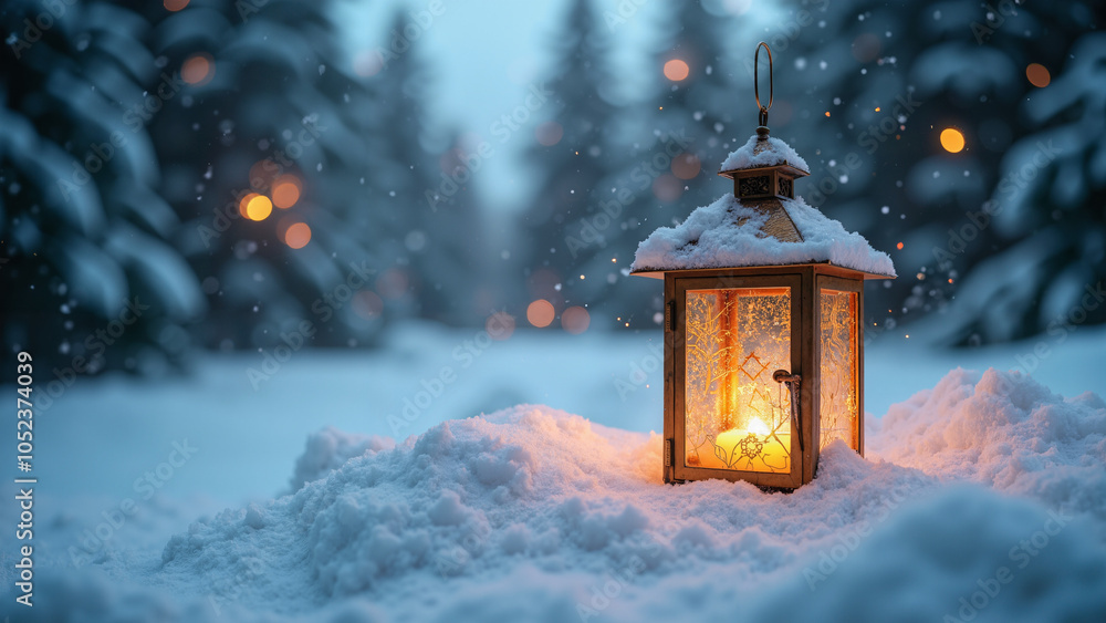 Enchanting Christmas Lantern in Snowy Forest: Perfect for Holiday Marketing, Greeting Cards, and Festive Decor Enchanting Christmas Lantern in Snowy Forest: Perfect for Holiday Marketing, Greeting Cards, and Festive Decor