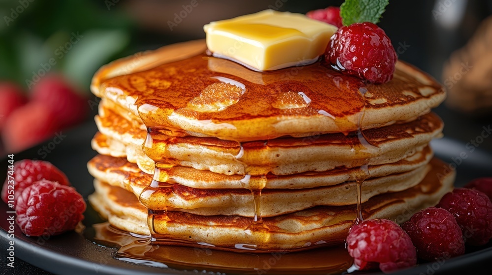 A stack of freshly baked pancakes topped with butter and syrup dripping down the sides.