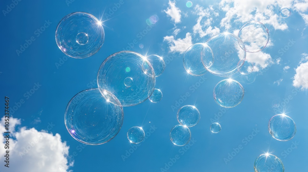 Beautiful soap bubbles in the blue sky with white clouds. Beautiful soap bubbles in the blue sky with white clouds.