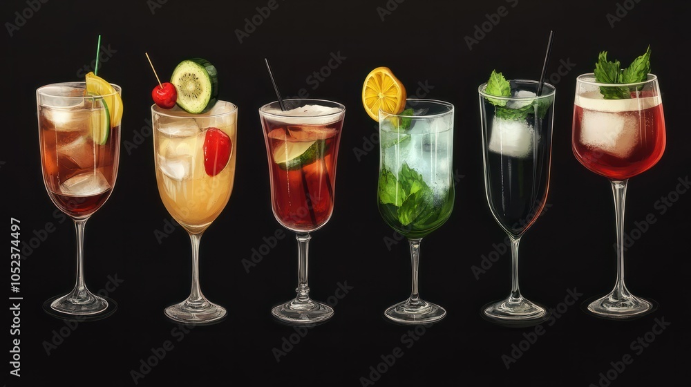 Set of various cocktails with on black background Set of various cocktails with on black background