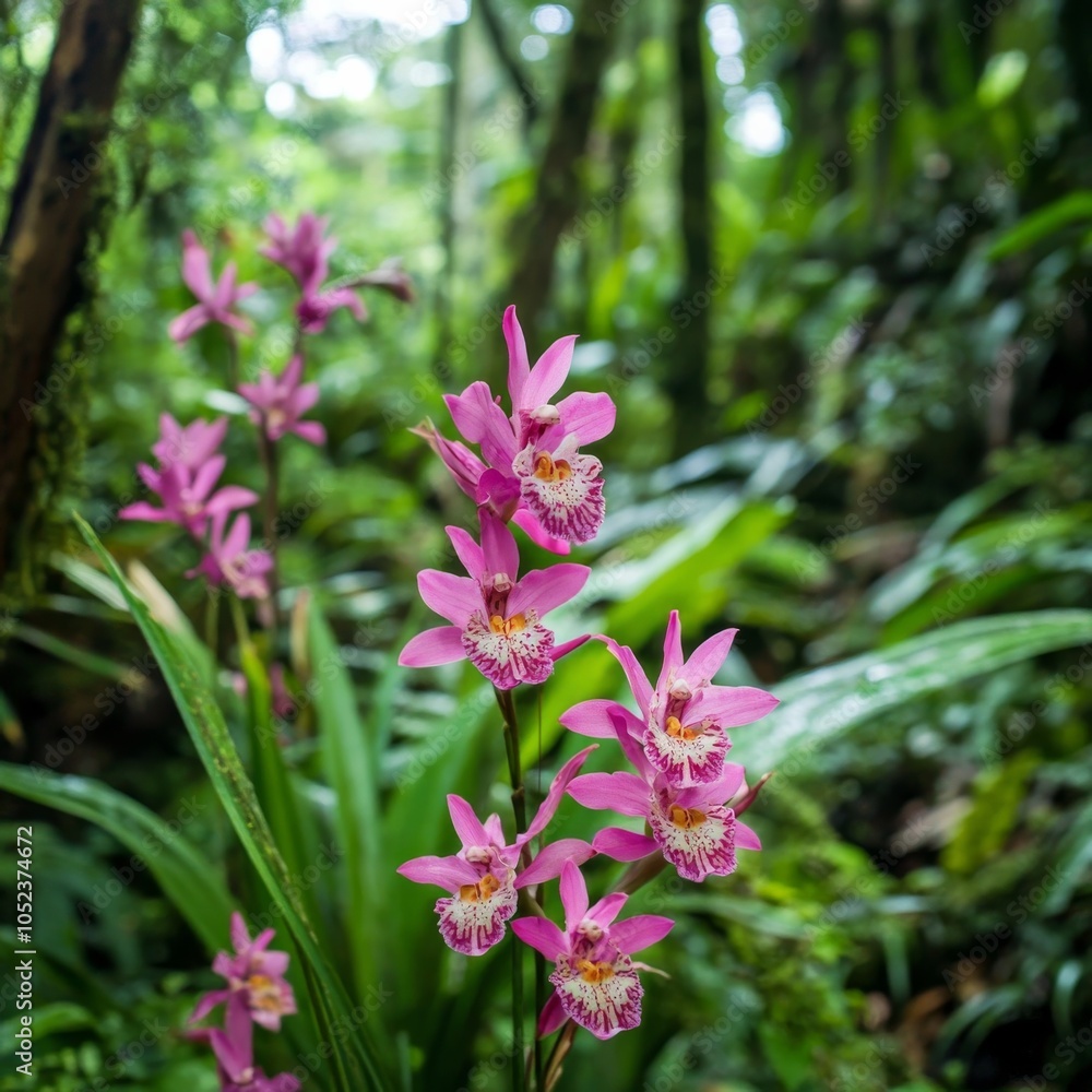 Obraz premium Orchid flowers flourish on the forest floor.
