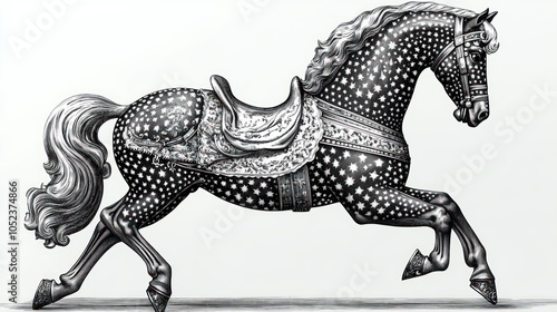 Black and White Illustration of a Star-Covered Horse in Motion