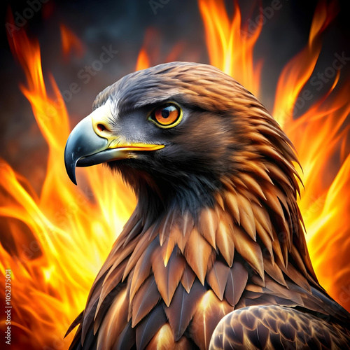 portrait of golden eagle in fire with flames on photo