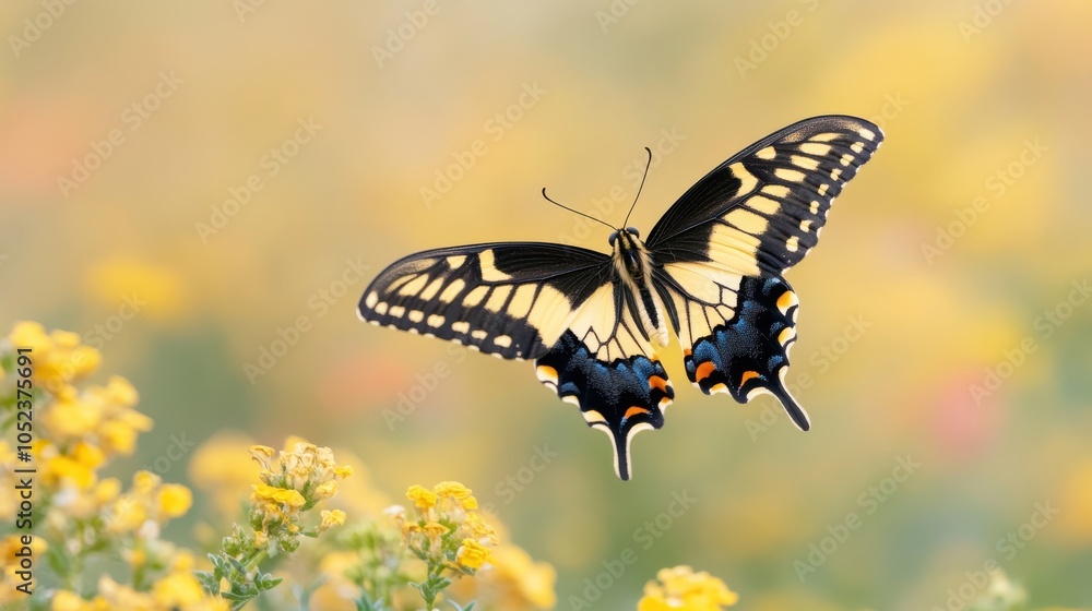 Butterfly in Flight Over Vibrant Flowers Butterfly in Flight Over Vibrant Flowers