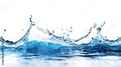 dynamic blue water splash captured mid-motion, isolated against a white background, providing ample space for text overlay and highlighting the purity of water's movement