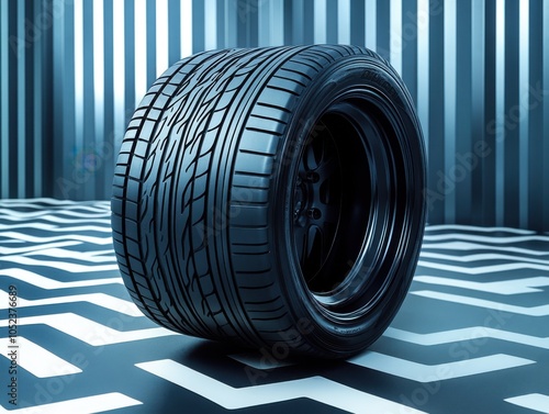 Tire on a black and white floor with a blue background photo