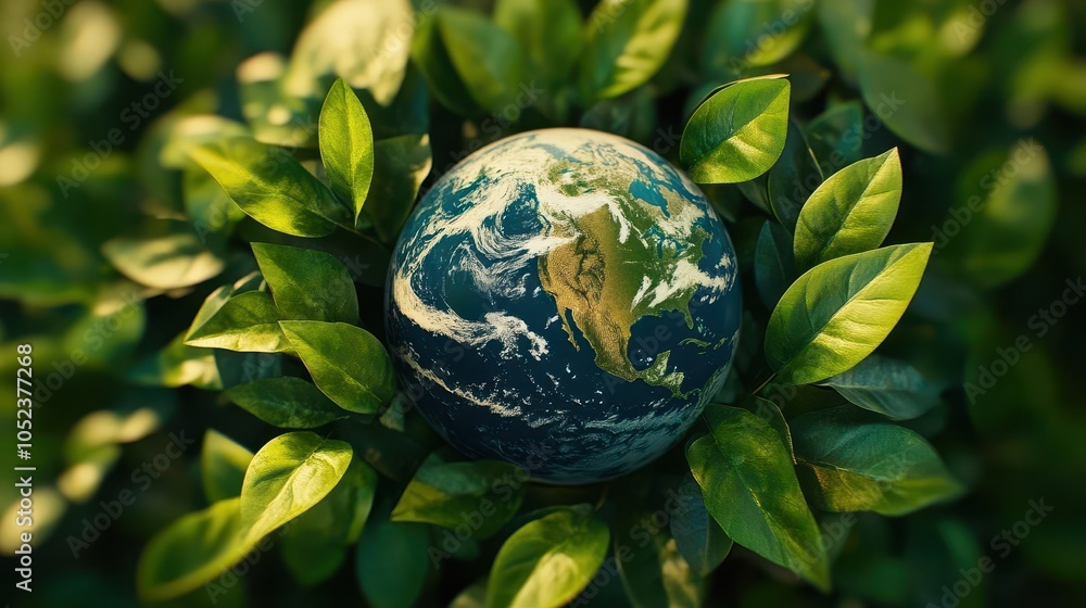 earth day theme with a 3d globe surrounded by vibrant green leaves, symbolizing environmental awareness and care for the planet, conveying a hopeful and fresh message on sustainability earth day theme with a 3d globe surrounded by vibrant green leaves, symbolizing environmental awareness and care for the planet, conveying a hopeful and fresh message on sustainability