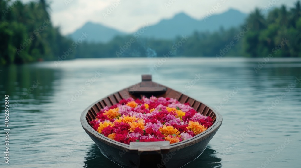 Fototapeta premium Traditional Thai Barge Adorned with Colorful Flowers