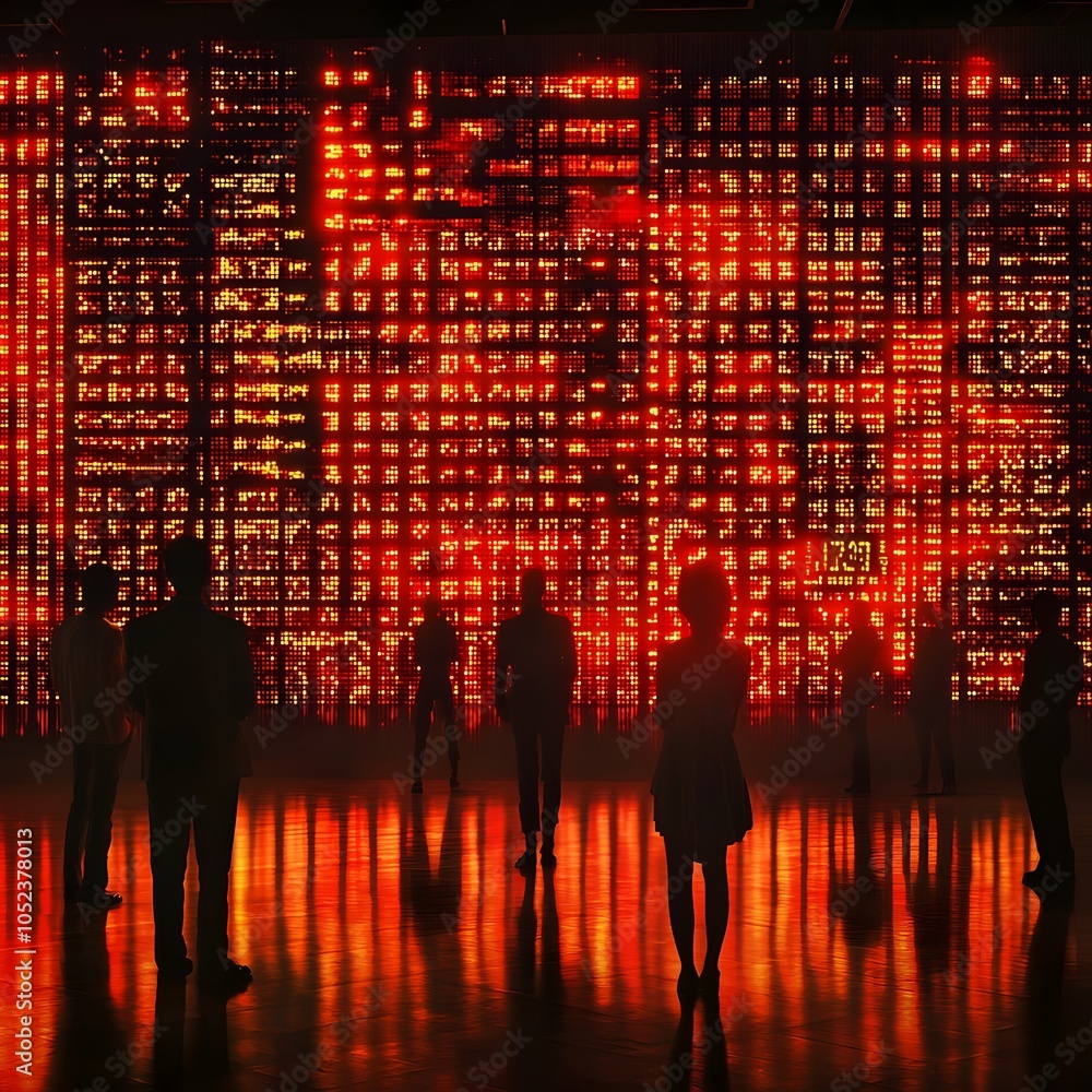 Fototapeta premium Gloomy Market Ticker Board with Anxious Onlookers Amid Economic Crisis
