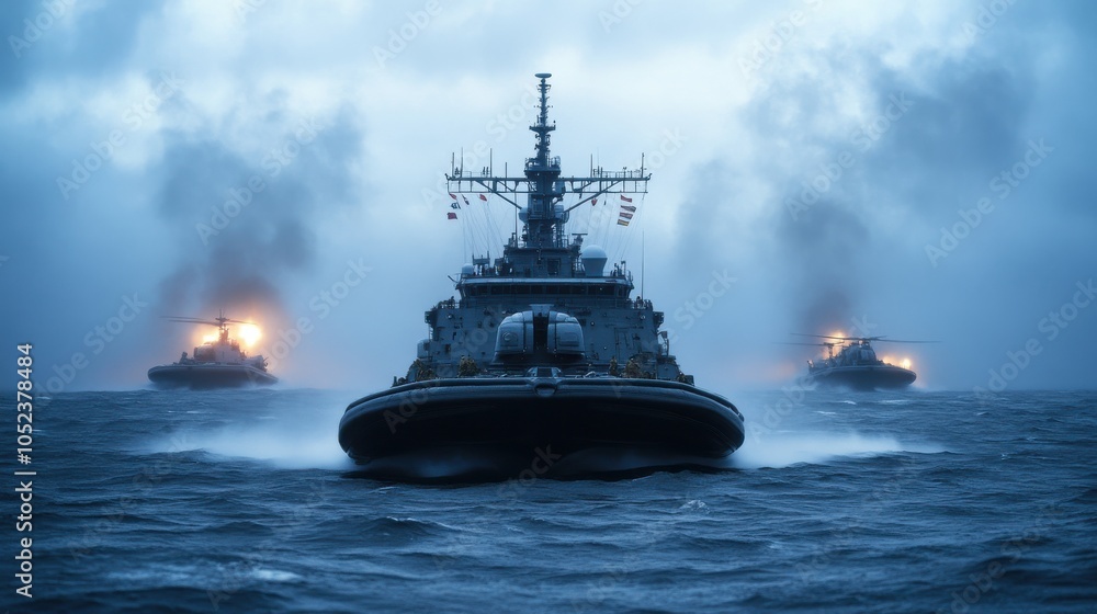 Naklejka premium Amphibious Assault Ship Launching Hovercrafts at Sea