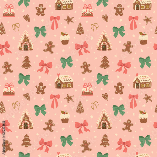 Pink Christmas desserts, bows, ribbons seamless pattern. Winter holidays cookies vector repeat background. New year textile design, wallpaper, print, wrapping, gift paper. Hand drawn food illustration
