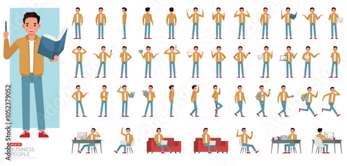 Big Set of businessman wear brown jacket character vector design. People working in office planning, thinking and economic analysis. Presentation in various action.