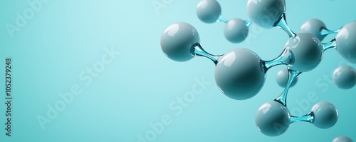 Molecular structure with blue spheres on a teal background, abstract science concept. photo