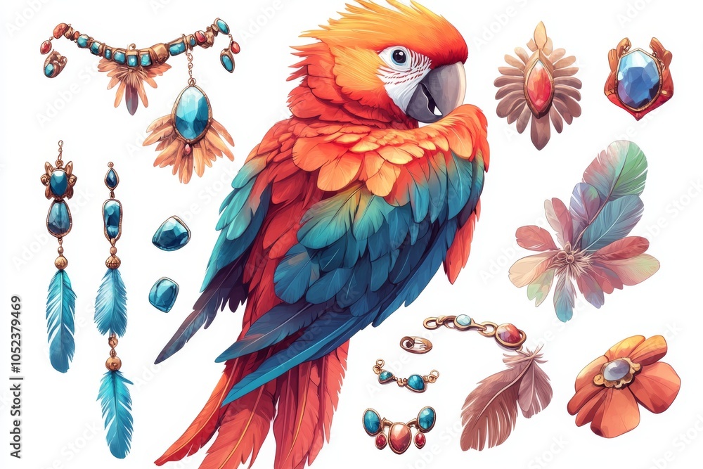 Obraz premium Macaw Parrot with Feathers and Gemstone Jewelry