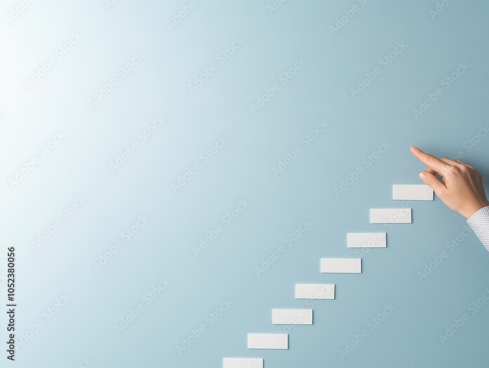 Hand pointing at a stair-like arrangement of blank cards on a blue background. Hand pointing at a stair-like arrangement of blank cards on a blue background.