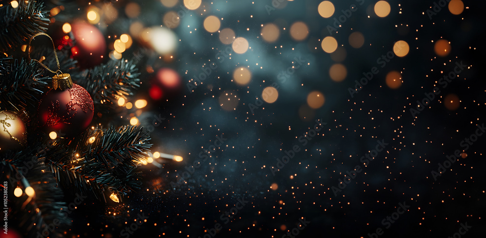 Sparkling Christmas lights and ornaments on a dark winter evening, copy space. Generative AI. Sparkling Christmas lights and ornaments on a dark winter evening, copy space. Generative AI.