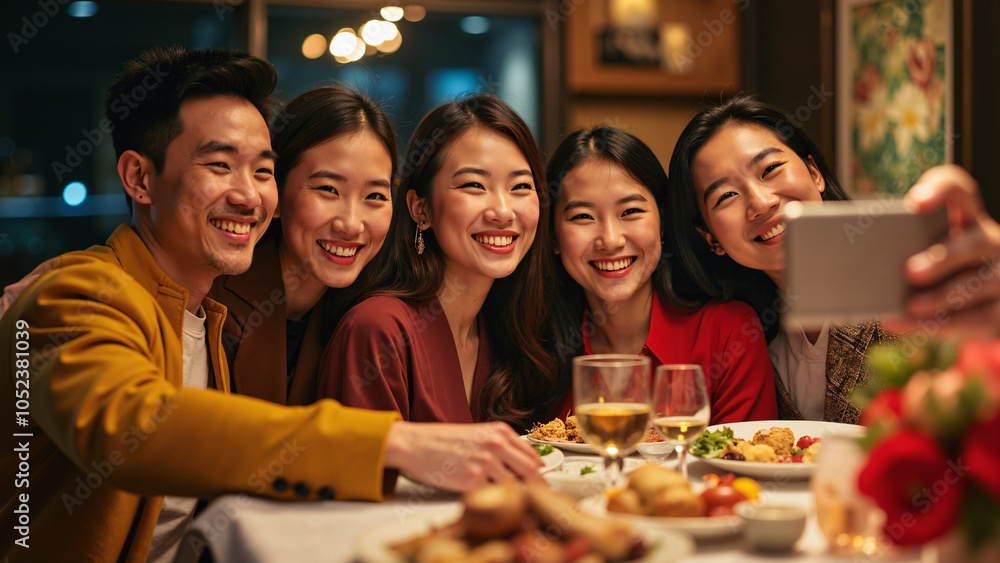 Joyful Asian Friends Capture Selfie at Festive Dinner Party: Perfect for Social Media, Lifestyle, and Event Marketing Joyful Asian Friends Capture Selfie at Festive Dinner Party: Perfect for Social Media, Lifestyle, and Event Marketing