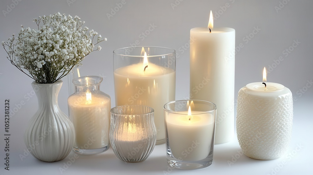 elegant wax candles in stylish glass holders, arranged artfully on a soft white background, evoking a sense of calm and serenity for a tranquil atmosphere elegant wax candles in stylish glass holders, arranged artfully on a soft white background, evoking a sense of calm and serenity for a tranquil atmosphere