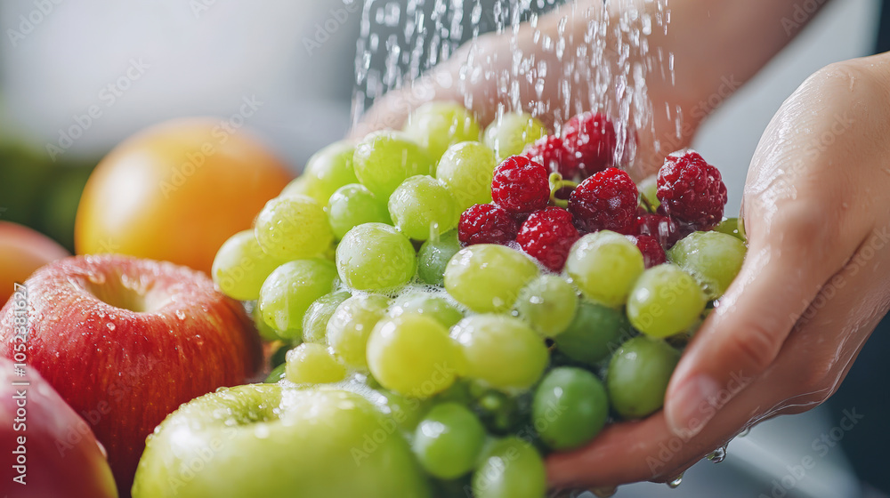 Hands gently rinsing fresh grapes and raspberries under running water; apples and oranges are in the background, showcasing a vibrant fruit selection. Hands gently rinsing fresh grapes and raspberries under running water; apples and oranges are in the background, showcasing a vibrant fruit selection.