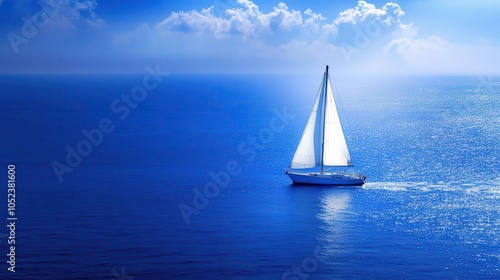 elegant white sailboat gliding across the deep blue ocean, captured in a panoramic view, with crisp sails catching the sunlight, reflecting a sense of adventure
