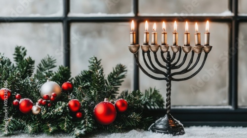 Menorah Near Snowy Window with Christmas Decor photo